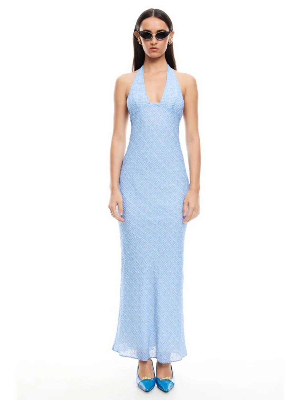 LIONESS Carrie Halter Dress in Blue Check Small New Womens Long maxi Gown - Picture 11 of 15